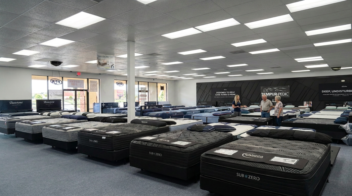 Ashley helping an older couple compare mattresses on the Mattress Barn showroom floor