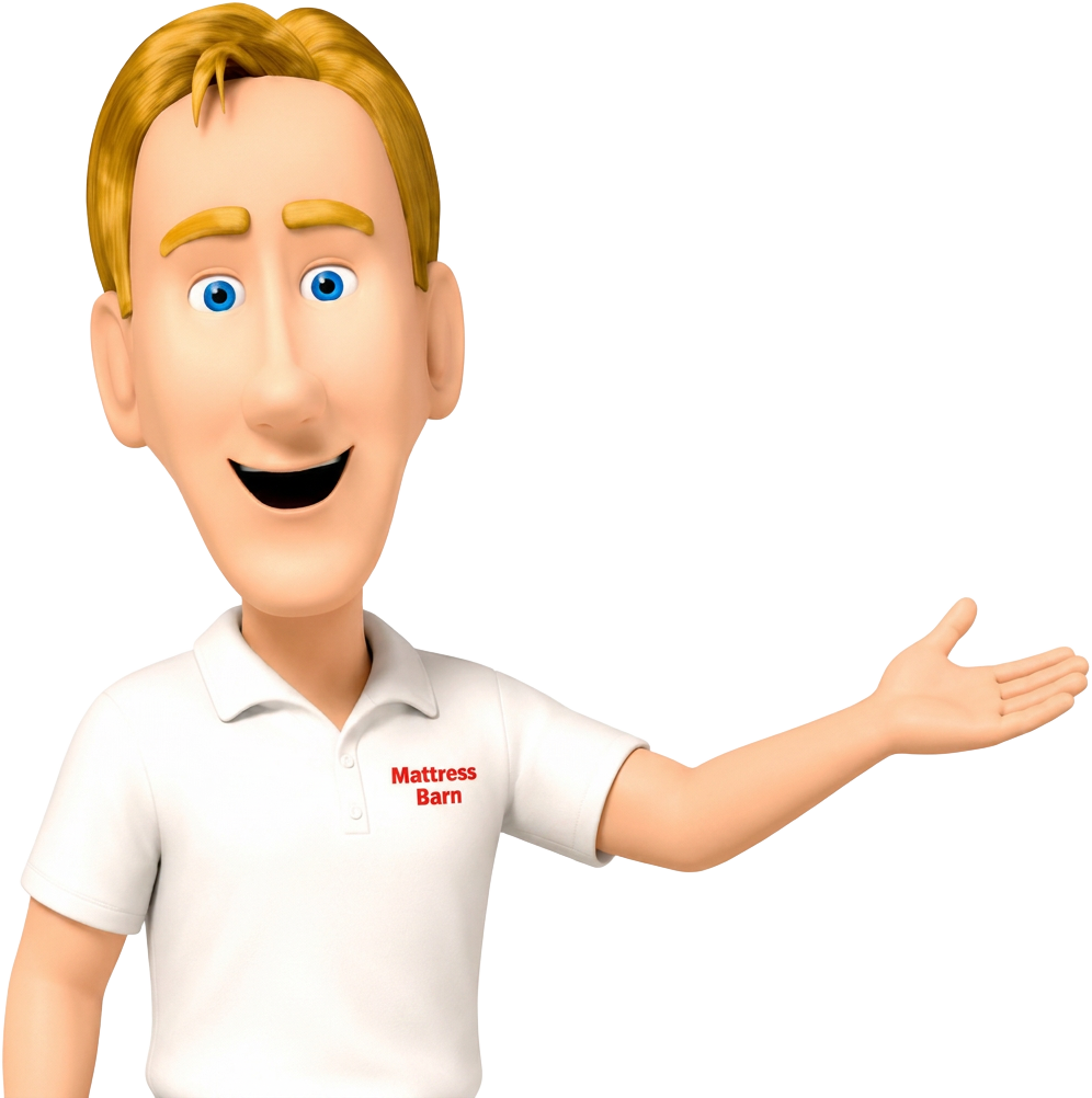 Mattress Barn mascot waving in a branded polo shirt